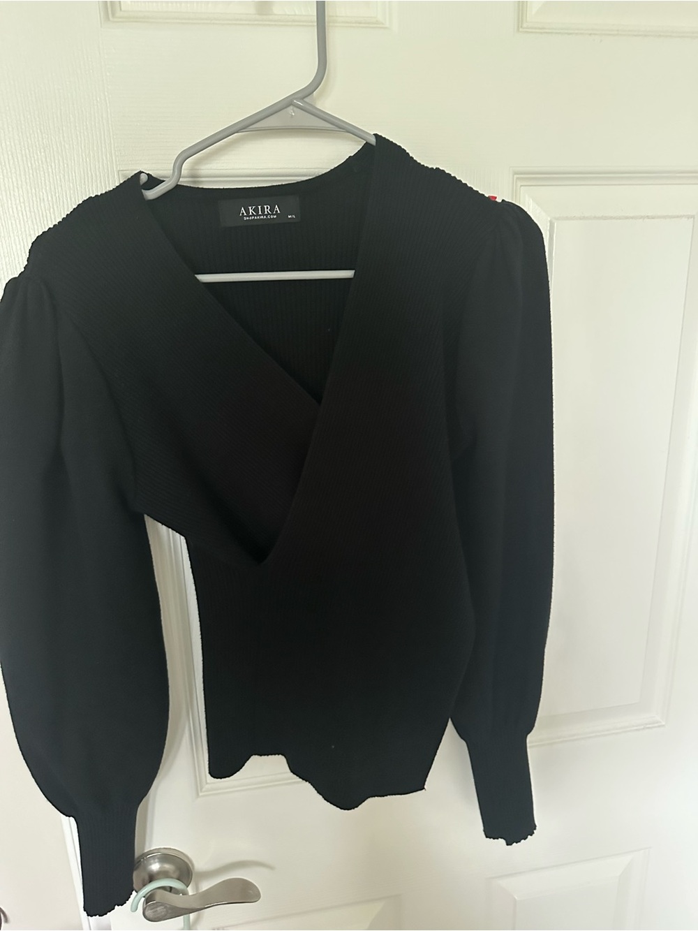 AKIRA Black Ribbed Wrap V-Neck Puff Sleeve Top